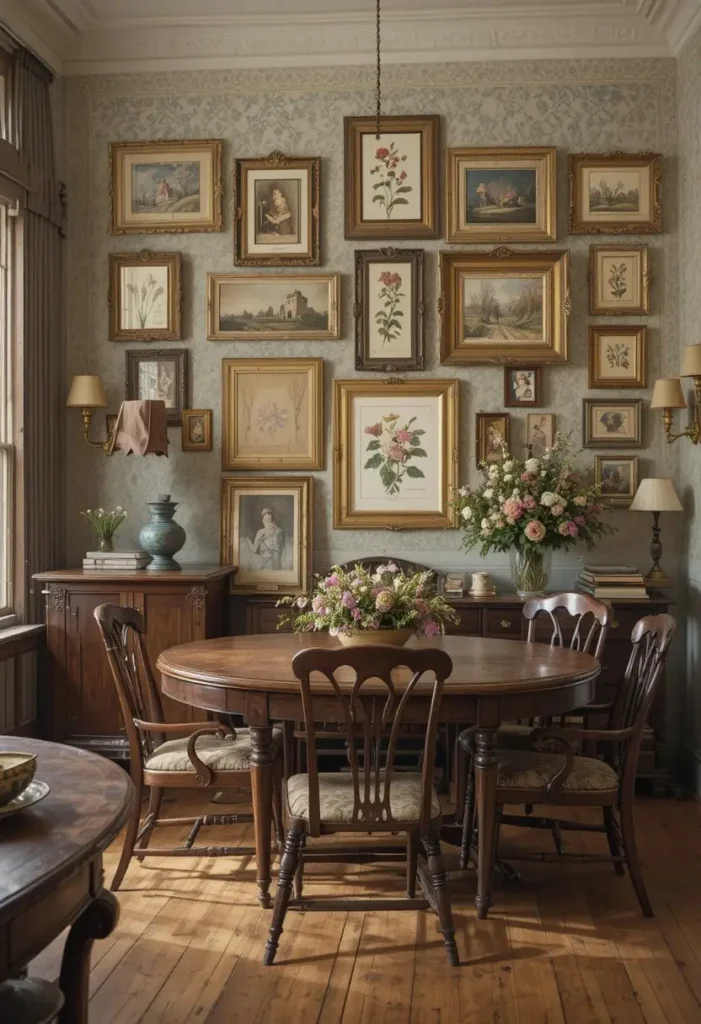 Dining room with vintage-inspired wall decor and cozy charm.