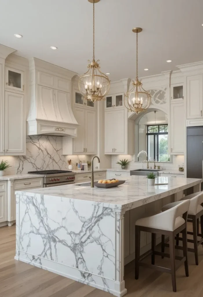 Luxury marble U shaped kitchen with elegant statement island.