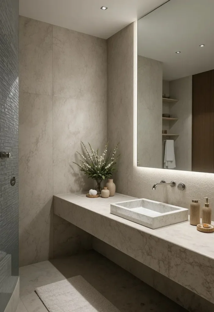 Floating stone bathroom sink counter in a modern spa-style bathroom.