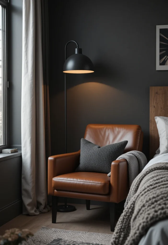 Cozy reading corner in a black and brown bedroom