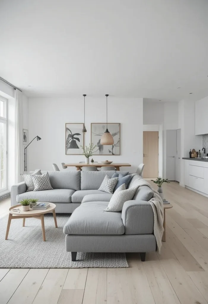 Scandinavian-inspired open-concept kitchen and living room