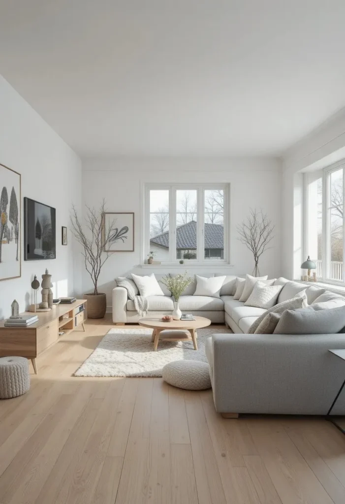 Scandinavian sunken living room with simple airy neutral design.