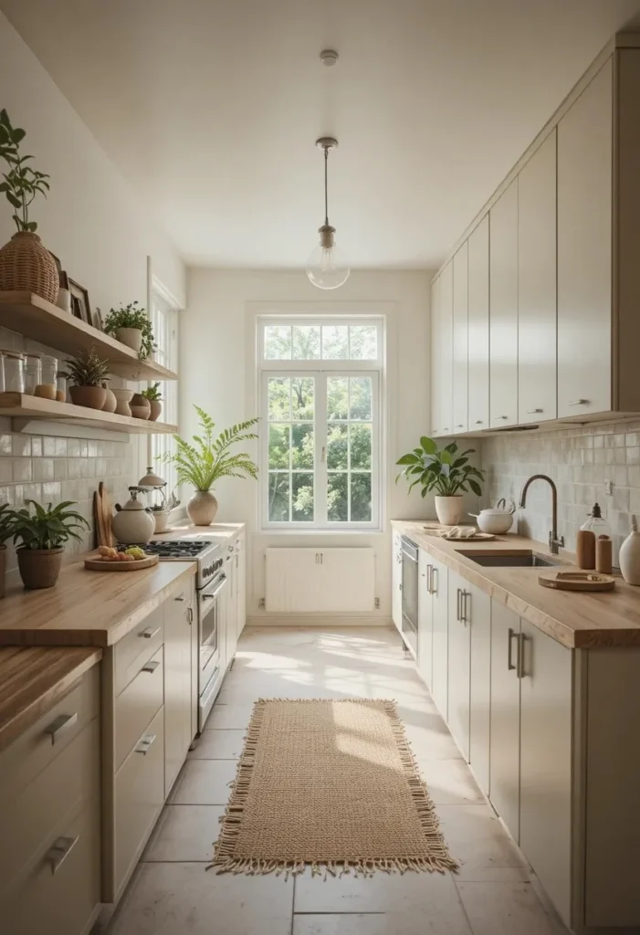 Soft neutral decor in a long modern kitchen layout