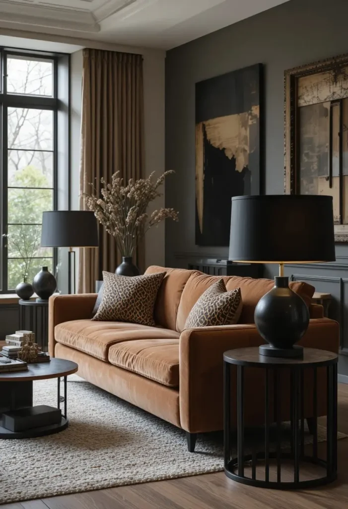 Brown couch styled with black accent decor