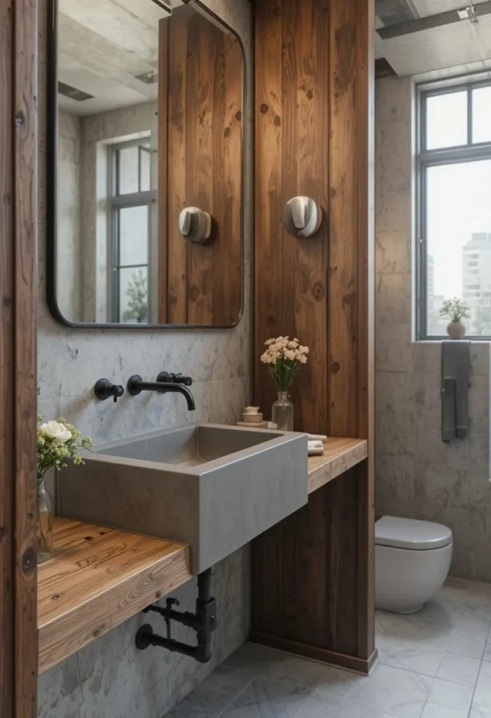 Concrete bathroom sink creating a sleek industrial-style bathroom.