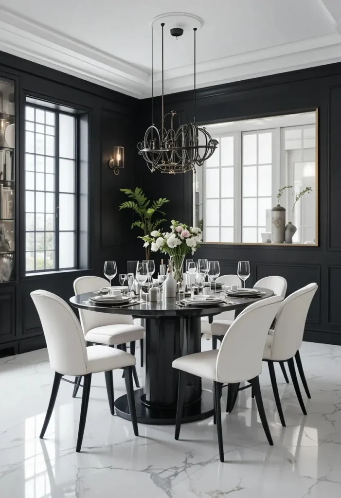 Black dining room ideas with white contrast for clean and modern look
