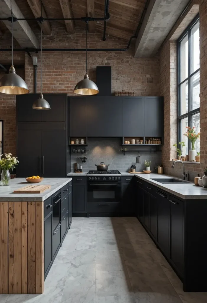 Industrial kitchen with bold wood and metal island design.