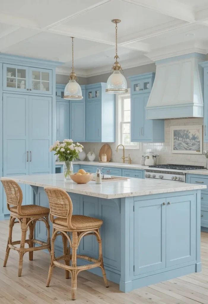Coastal kitchen with airy island and soft blue cabinets.