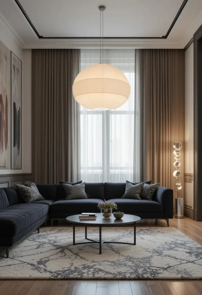 Black furniture with statement lighting design