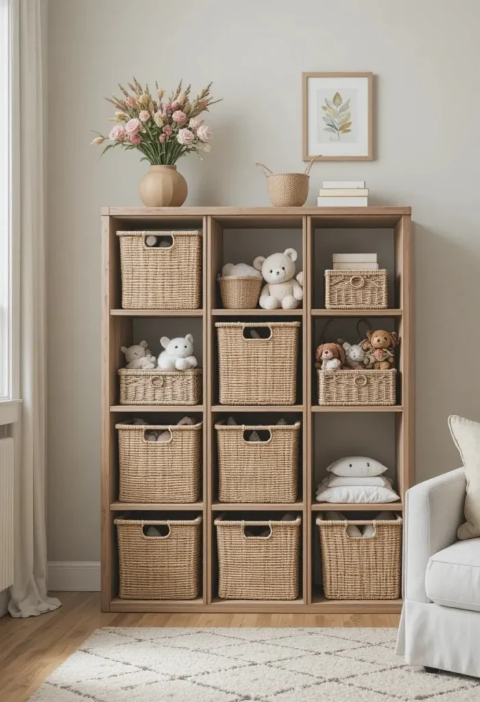 Cube storage shelves with woven bins organizing toys in the living room.