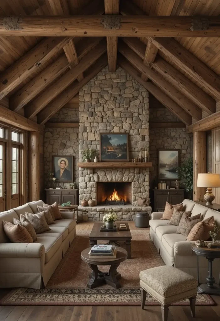 Rustic sunken living room with warm wood and stone textures.