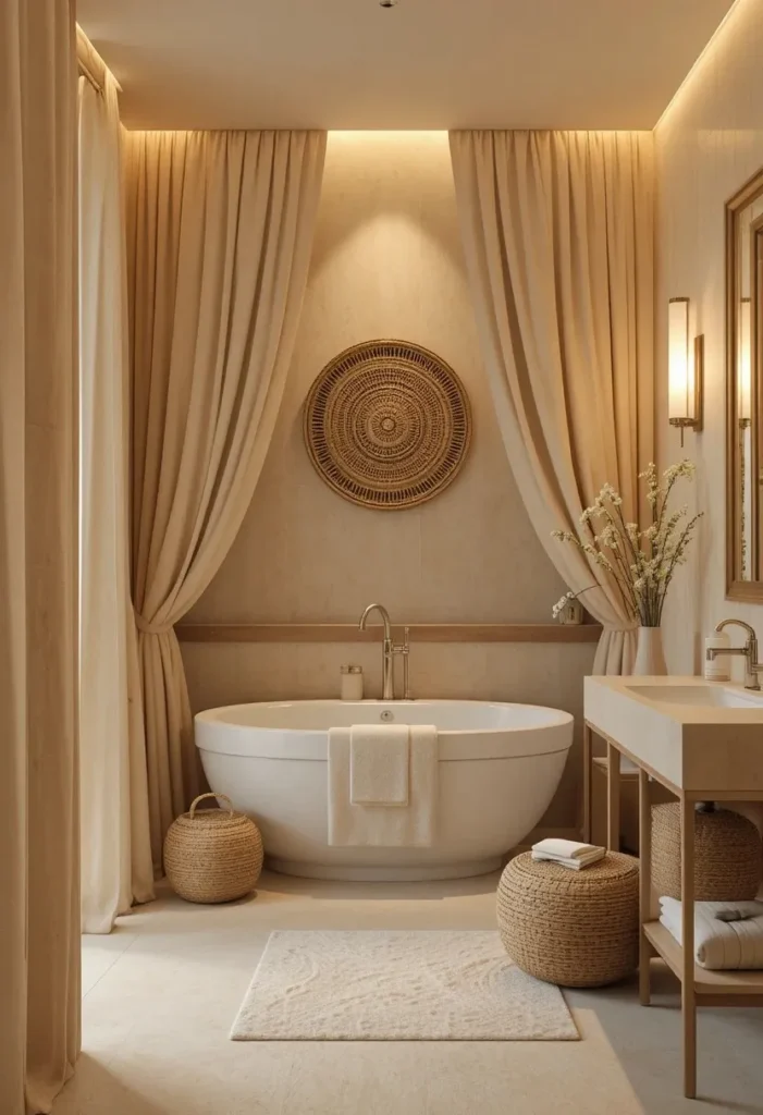 Neutral beige bathroom curtains creating a calm spa-like atmosphere.