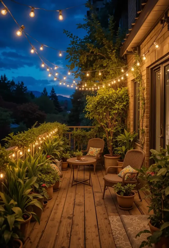 balcony garden ideas with warm string lights and cozy atmosphere