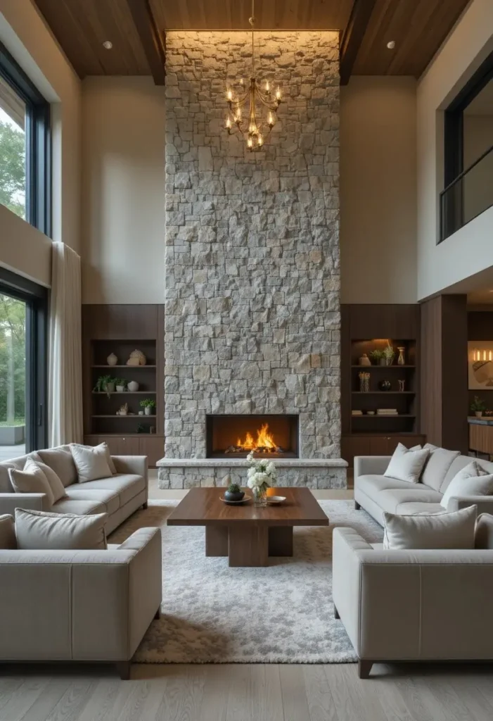 Sunken living room with fireplace as warm central focal point.