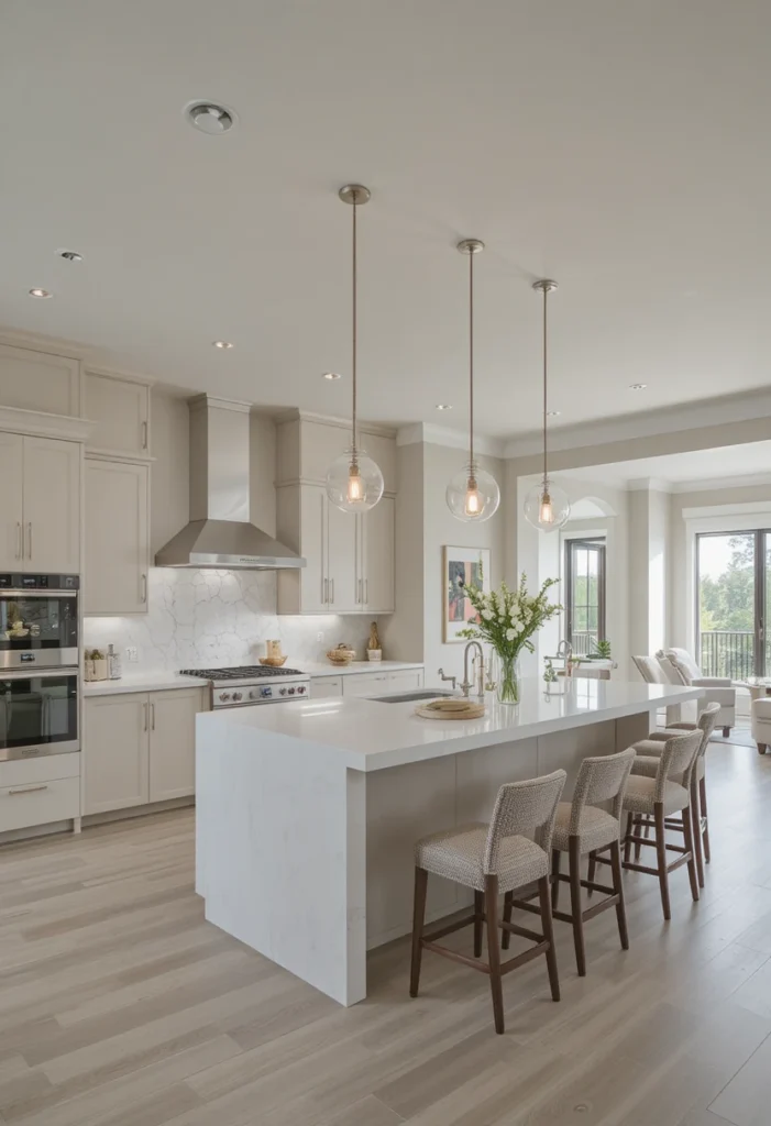 Open concept kitchen with large island and seamless modern layout.
