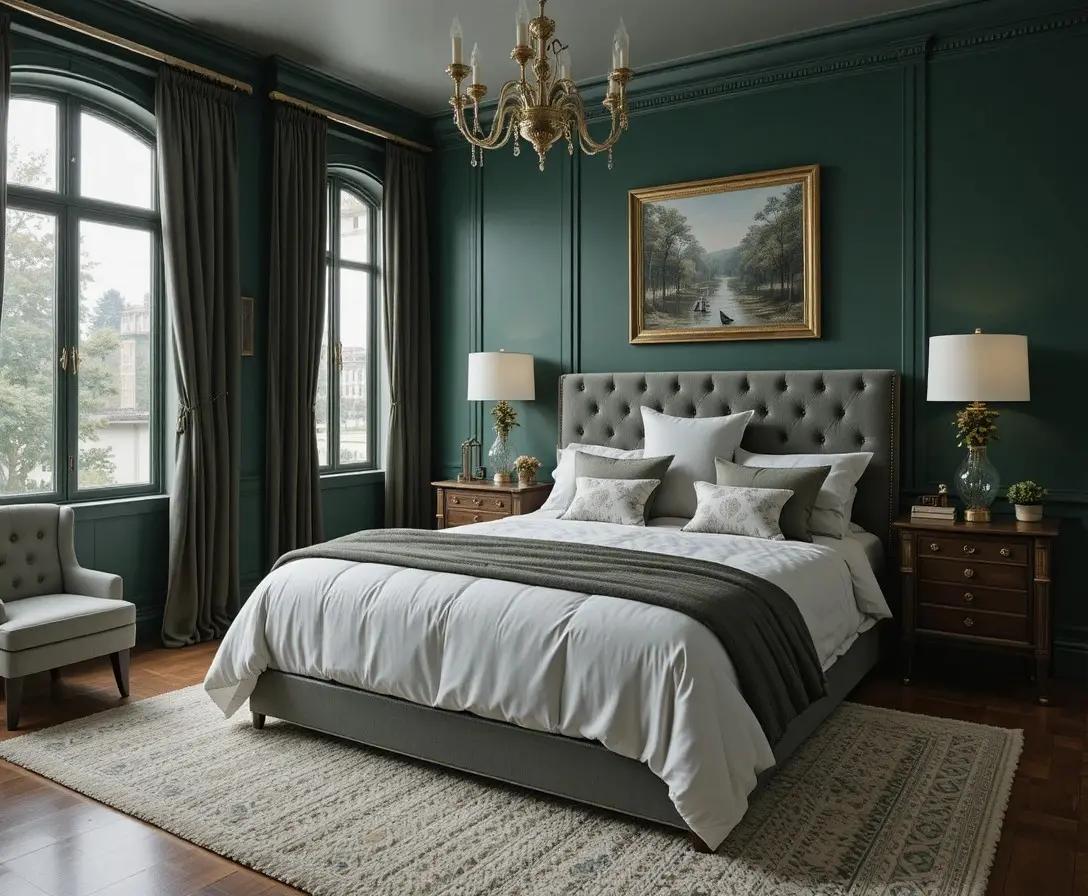 beautiful dark green bedroom look