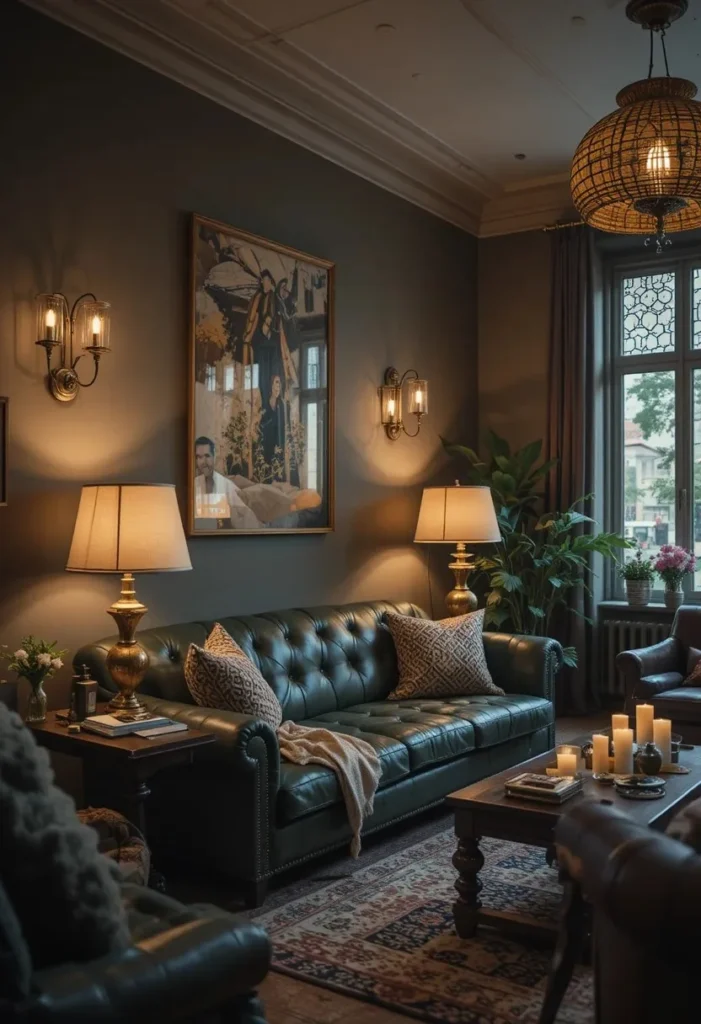 Green leather couch with warm layered lighting
