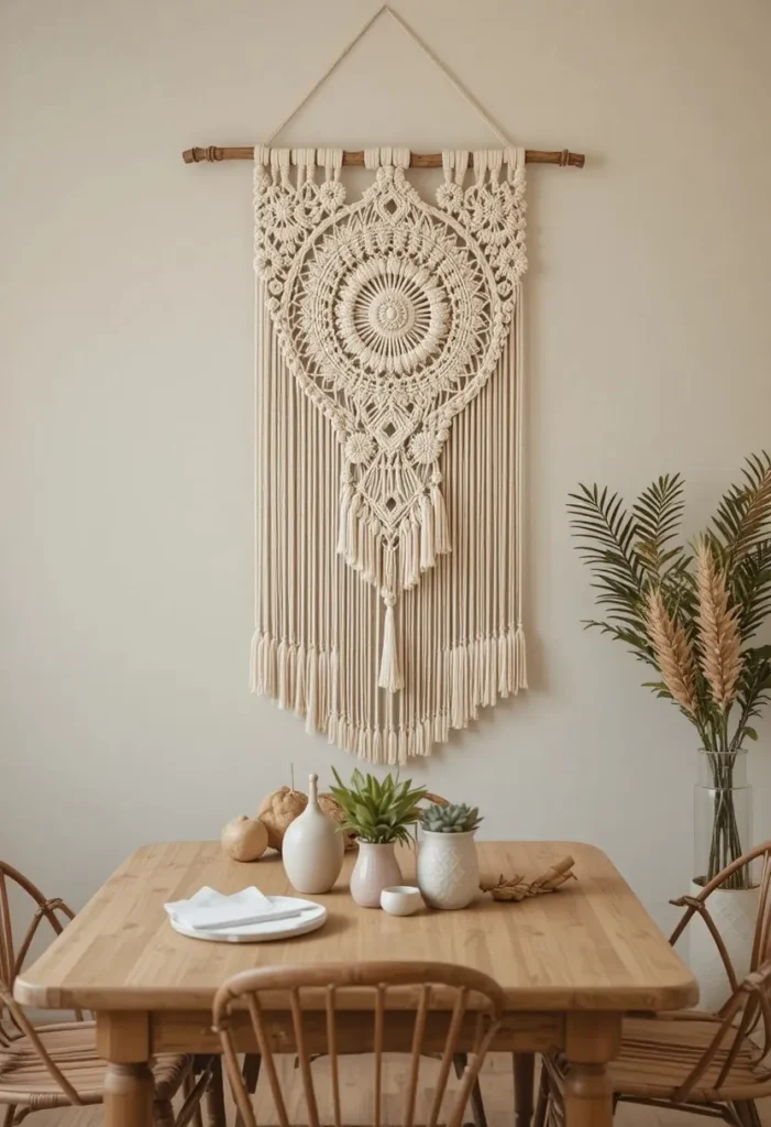 Macramé wall decor in a warm boho dining room.