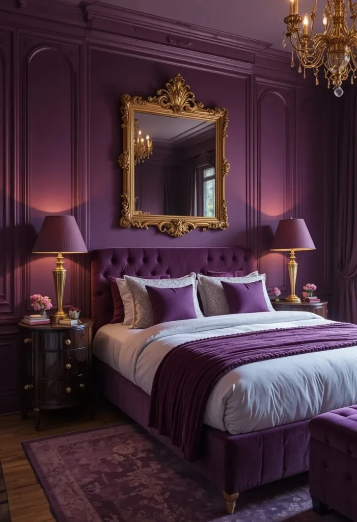 Purple bedroom styled with warm gold accents