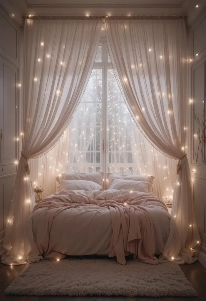 romantic moody bedroom ideas with sheer draped curtains and soft lighting