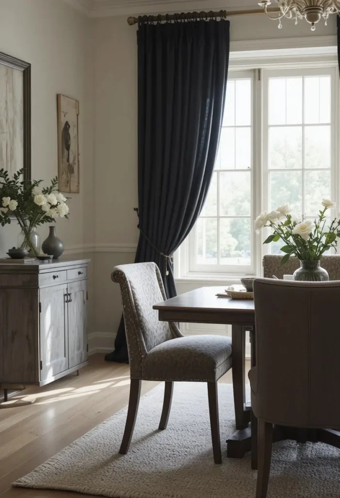 Black curtains in dining room adding soft layered and cozy feel