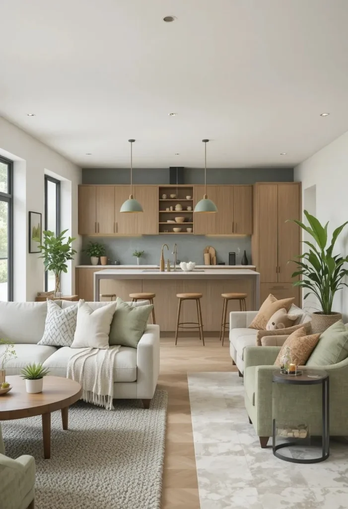 Open-concept home with soft green accents and plants