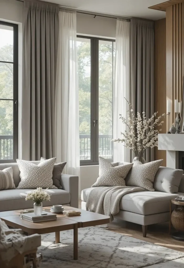 Soft gray curtains in a peaceful modern living room.