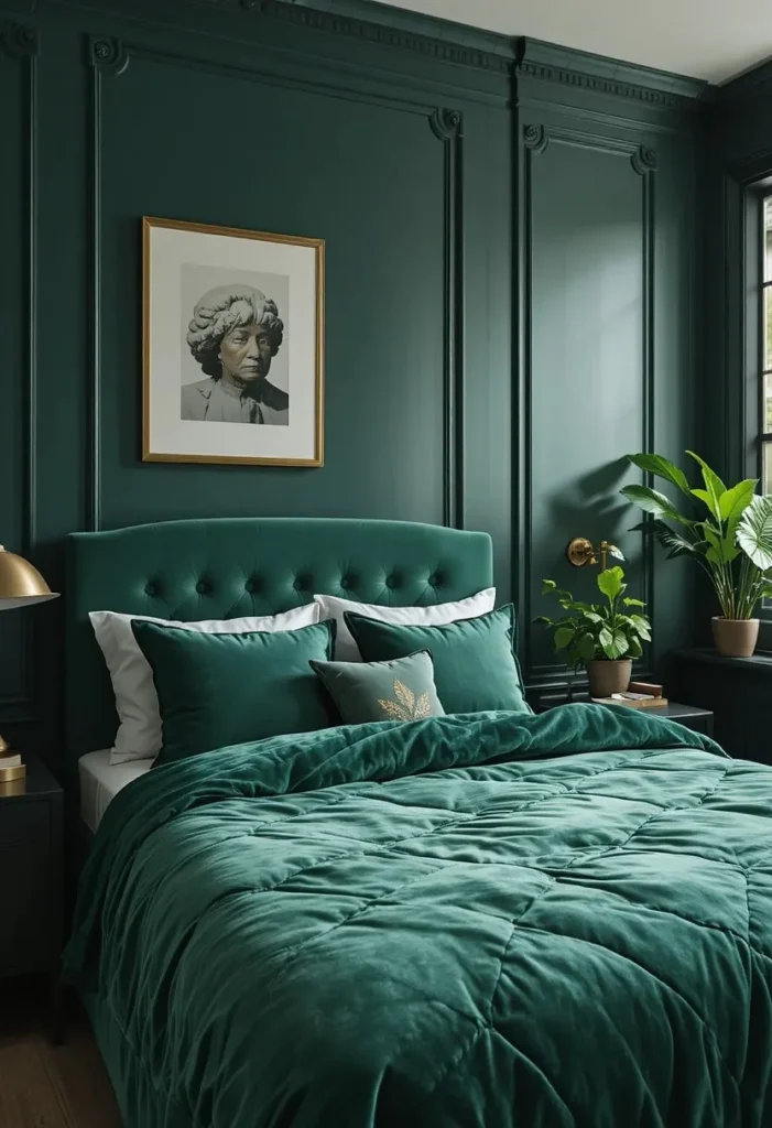 dark green moody bedroom ideas with velvet textures and luxury decor
