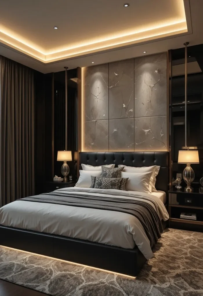 Cozy black and silver bedroom with warm lighting