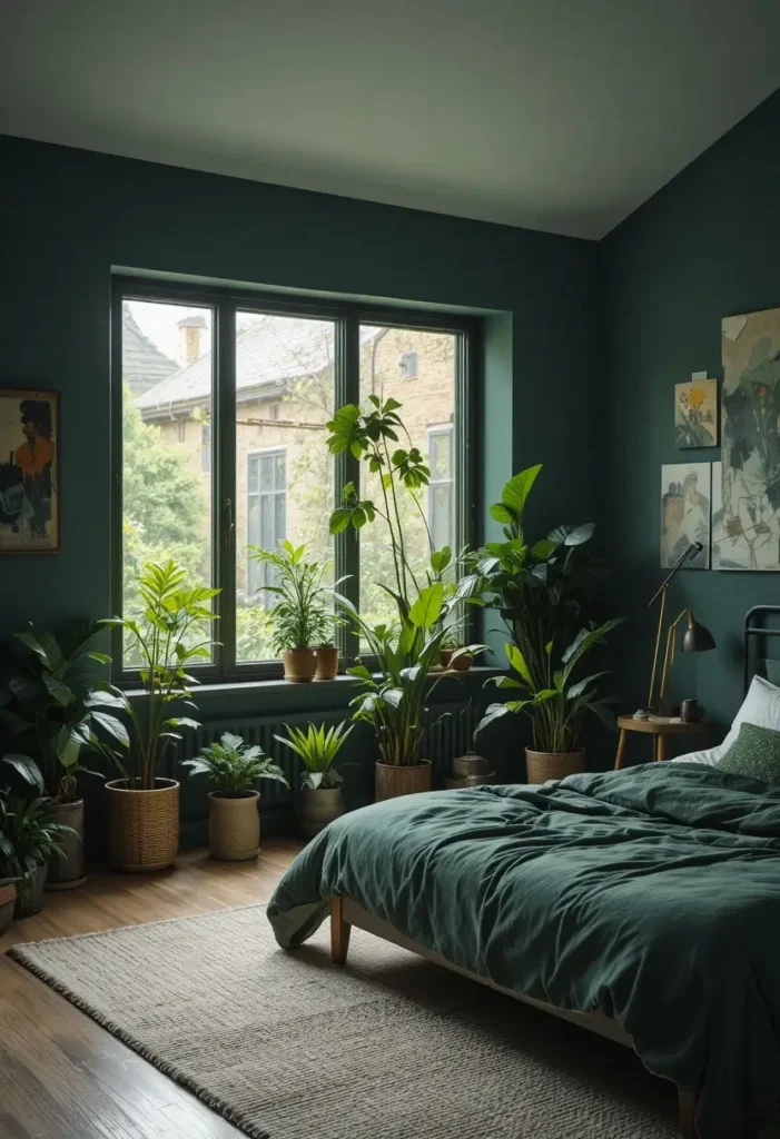 Dark green bedroom with indoor plants adding freshness and natural contrast