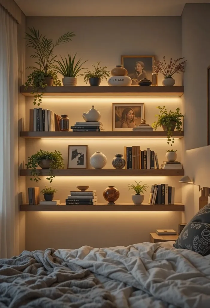 cozy LED shelf lighting for bedroom decor and warm ambiance