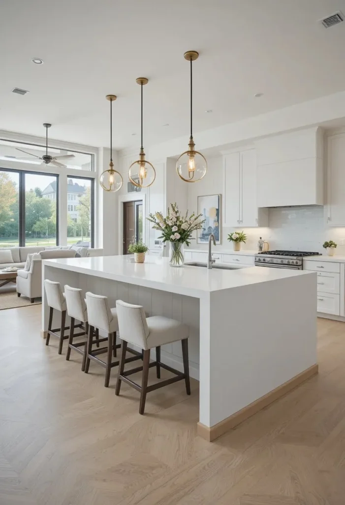 Open-concept kitchen with large island and cozy living room