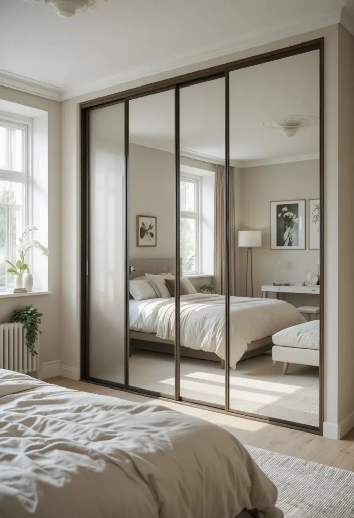 Mirrored closet doors expanding bedroom space and reflecting natural light for a brighter room.