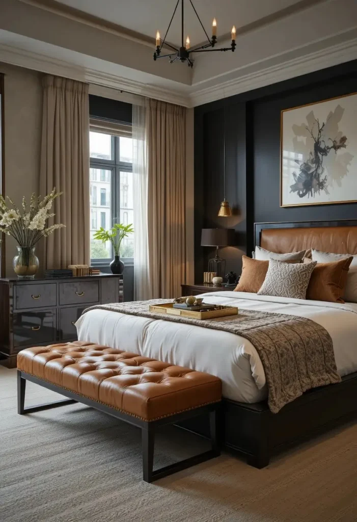 Brown leather accents in a black and brown bedroom