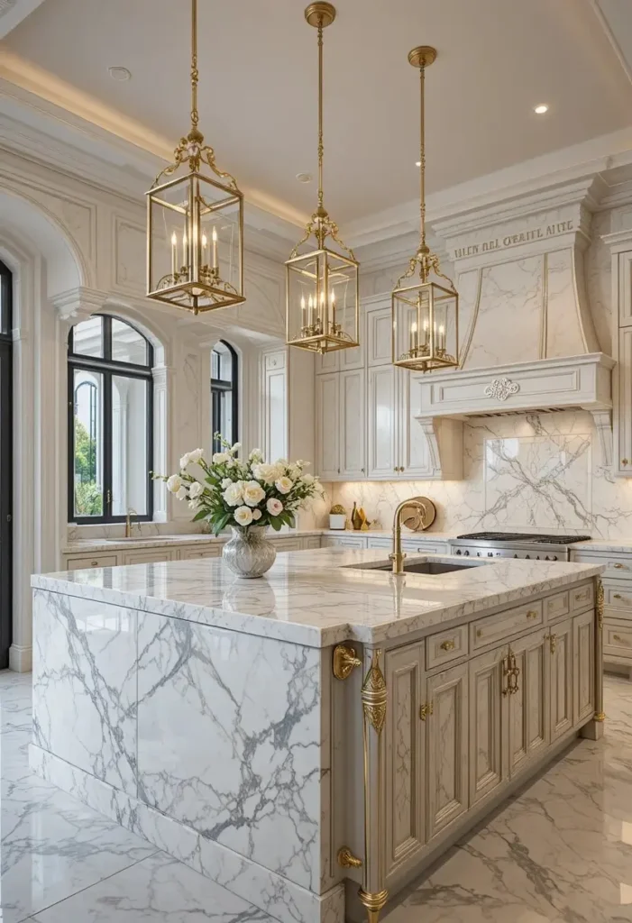 Luxury marble kitchen with elegant island and gold accents.