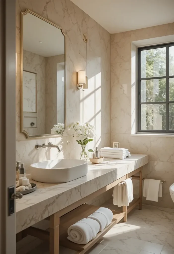 Neutral double sink bathroom with marble countertops and calming soft tones.