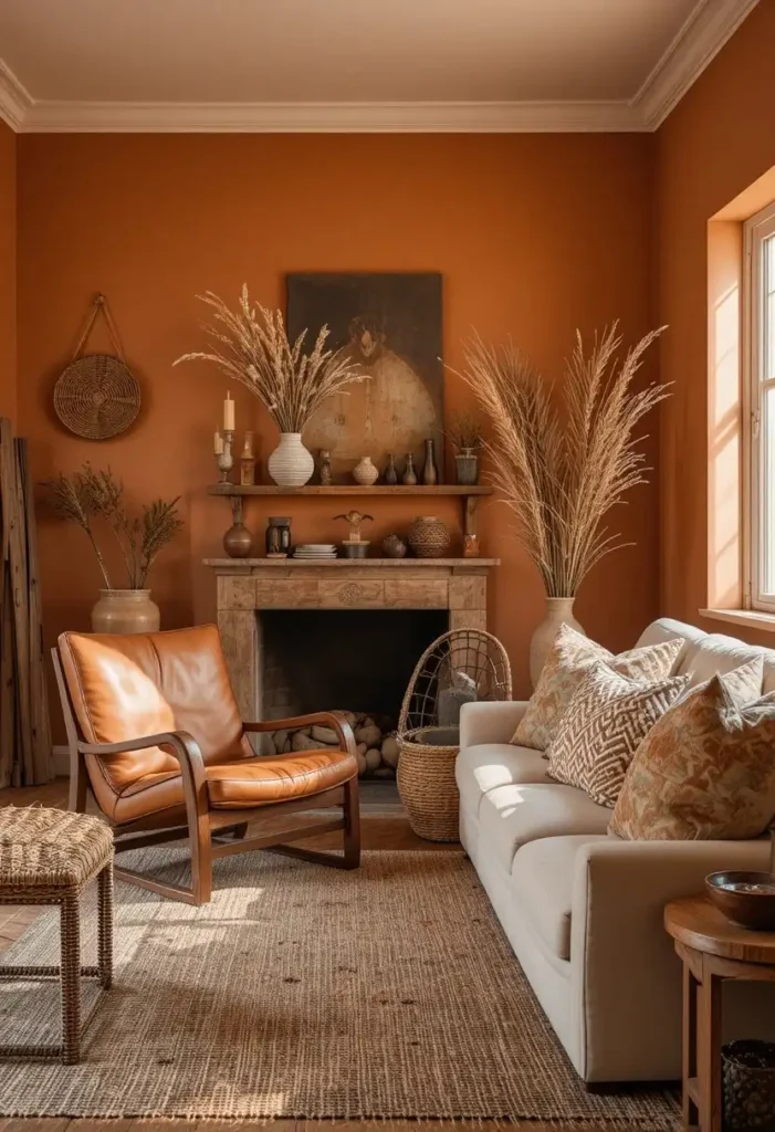 Terracotta living room walls with earthy cozy decor styling.