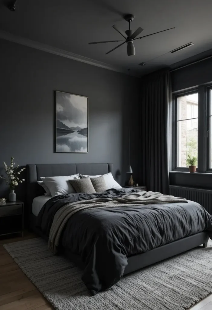 minimal moody bedroom ideas with dark clean design and simple decor