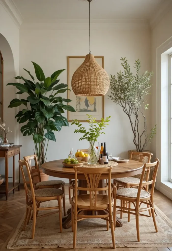 Indoor plants adding freshness to a boho dining room.
