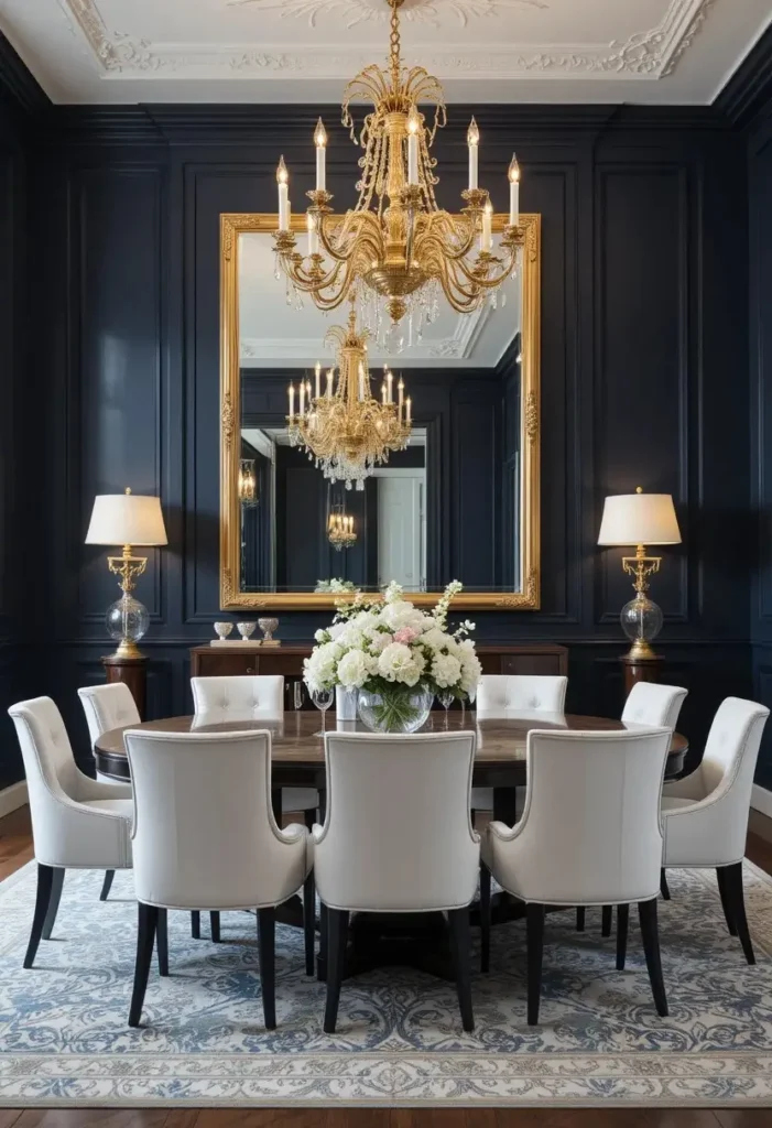 Navy blue dining room with gold accents and white chairs for a rich and elegant look