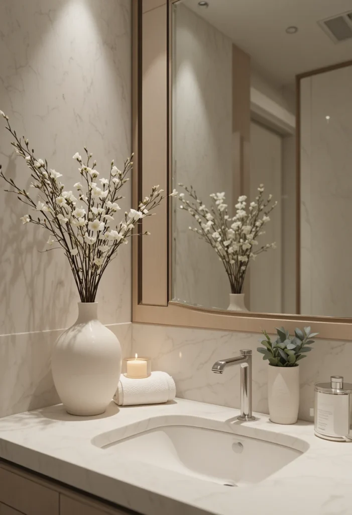 Simple white bathroom decor with clean minimalist styling and soft textures.