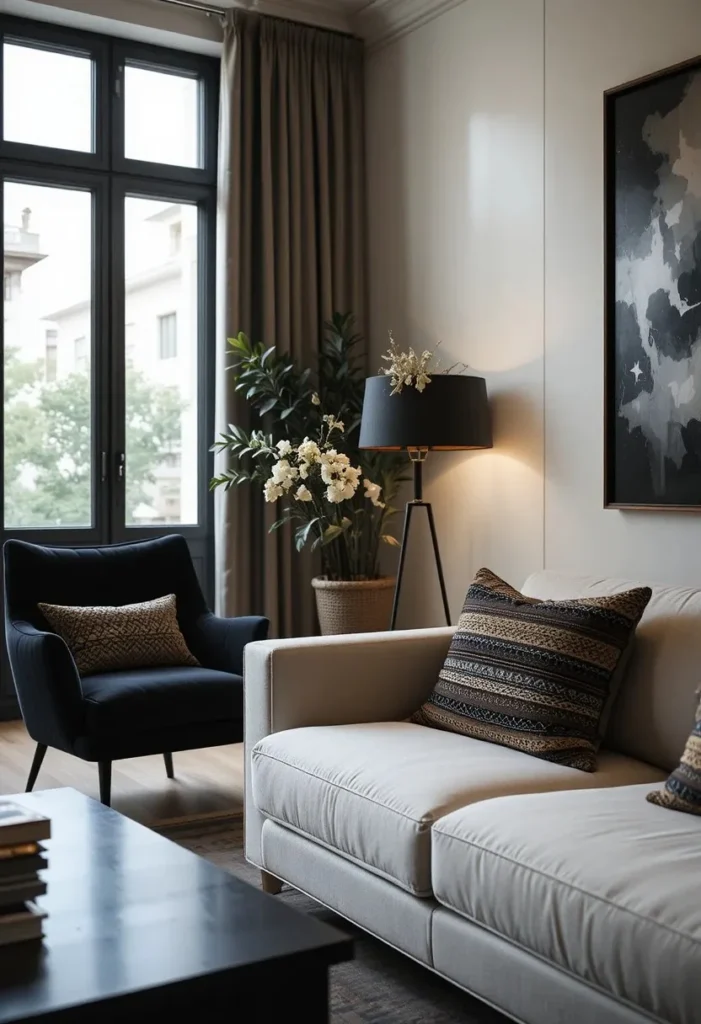 Black accent chairs in modern cozy living room