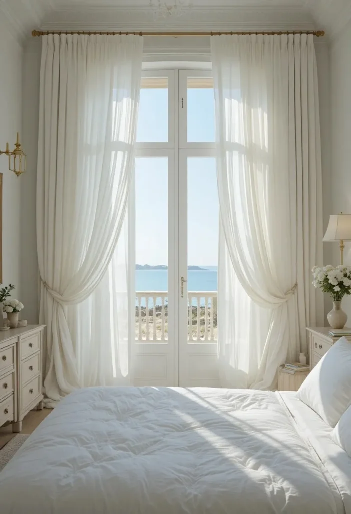 Sheer white curtains in a bright coastal bedroom