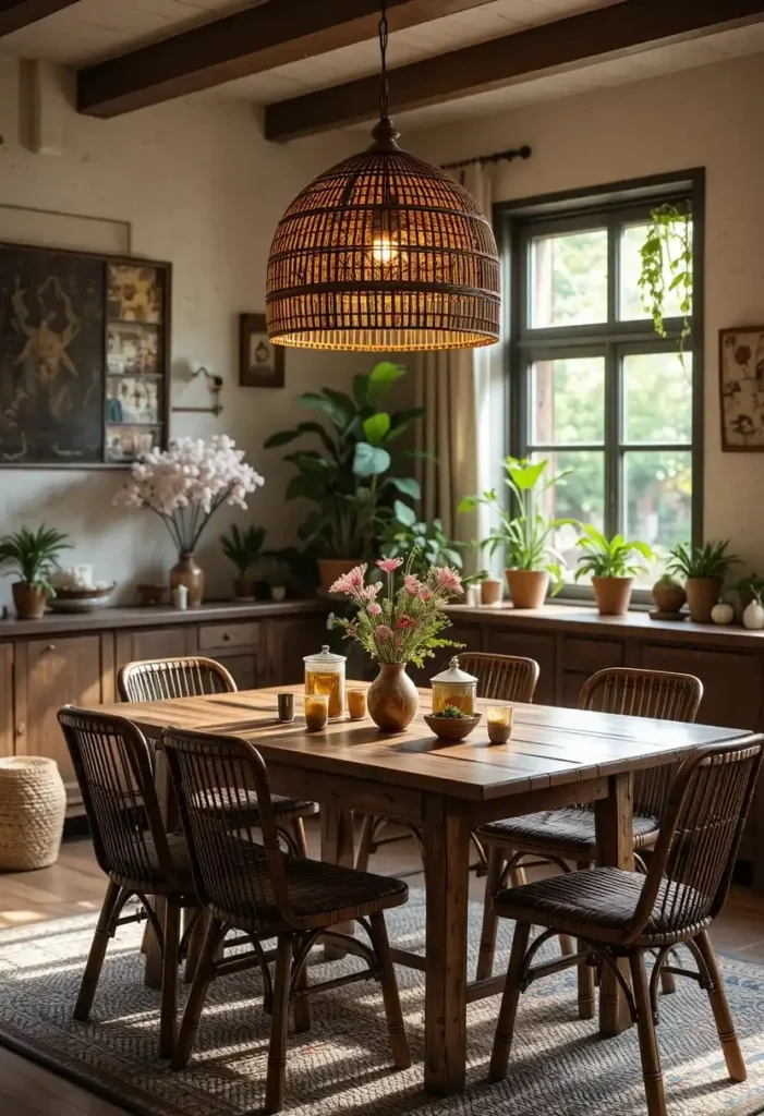 Rattan pendant light adding natural texture over dining table