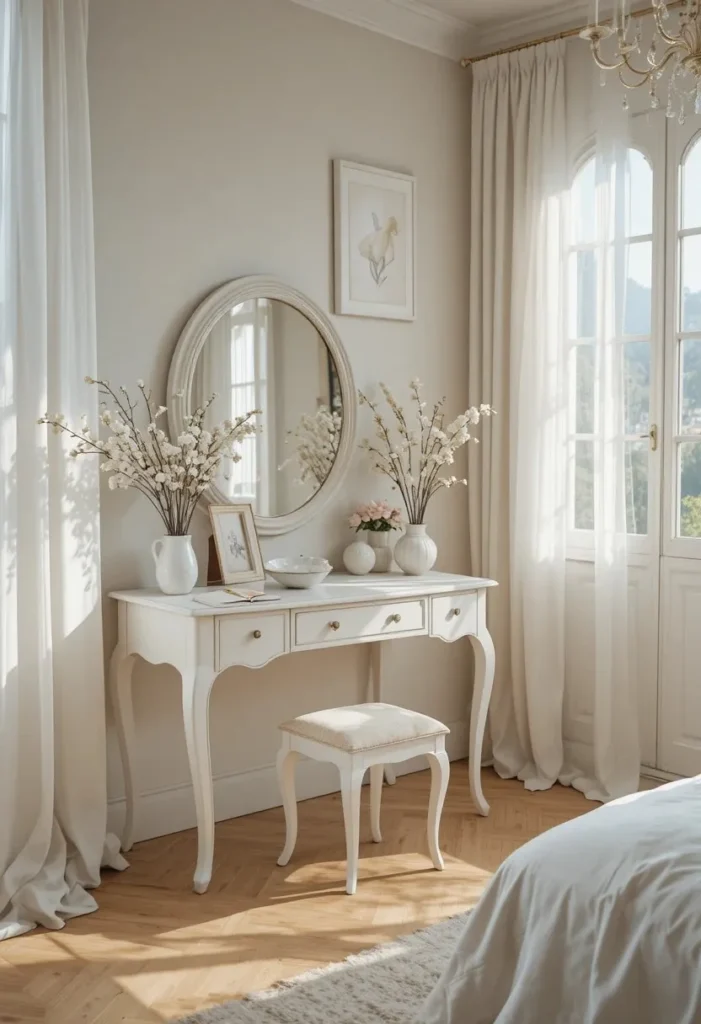 White dressing table in a bright airy bedroom