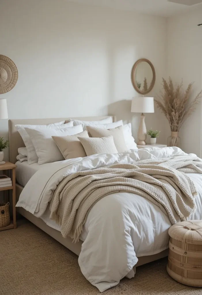 Layered linen bedding in a beach-inspired bedroom