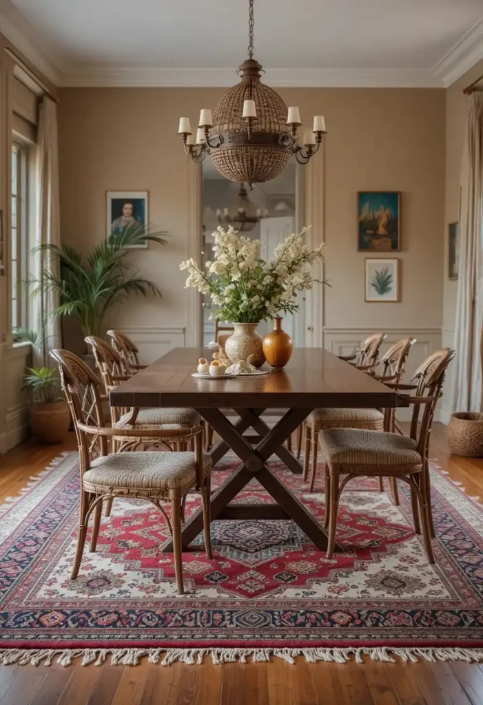 Patterned rug anchoring a boho dining room design.