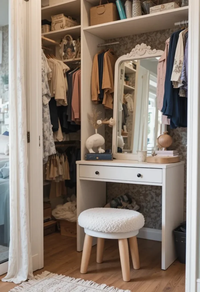 Small kids closet dressing station with mirror, stool, and soft lighting