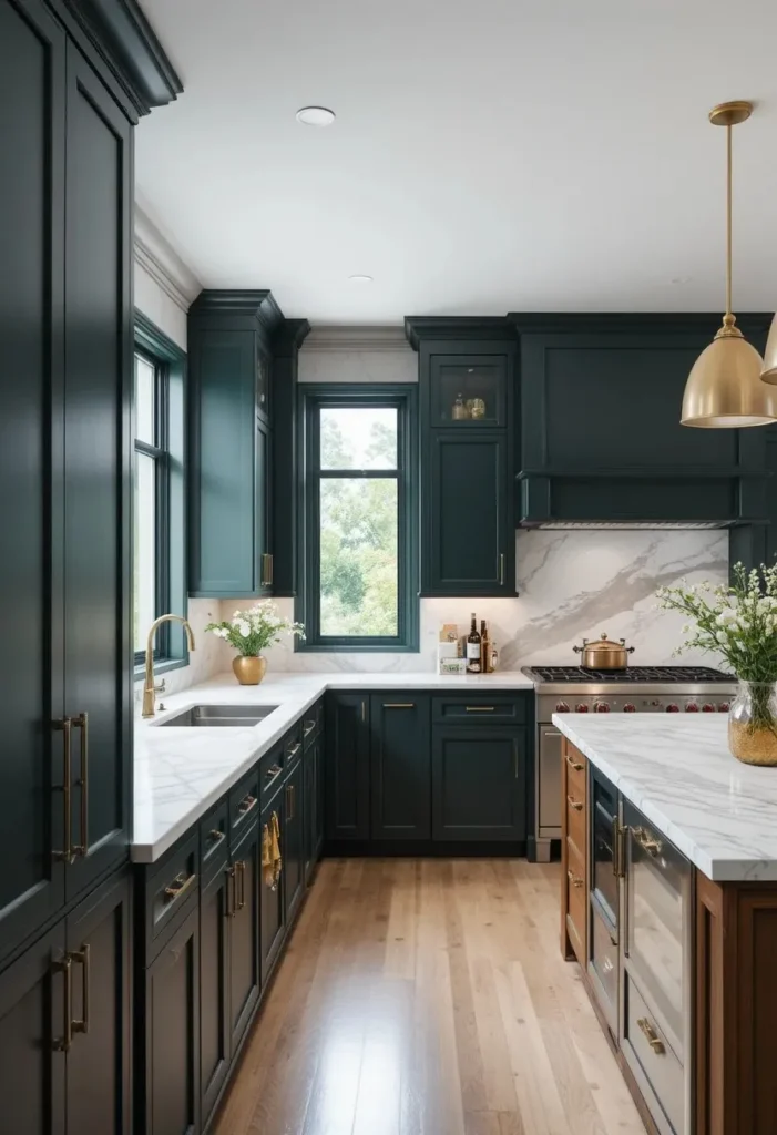 L-shaped kitchen with bold statement island in marble design.