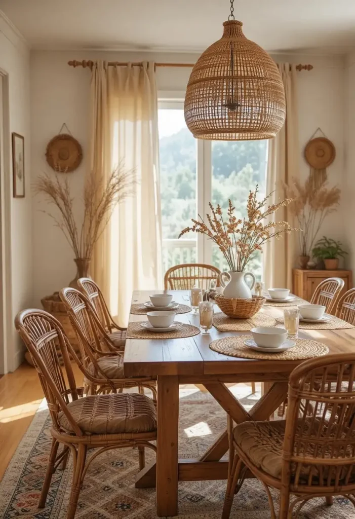 Dining room with linen cushions, cotton seating covers, terracotta and olive tones, soft boho styling, warm ambient light.